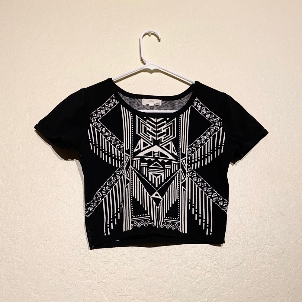 Black and White Tribal Pattern Ribbed Crop Top
